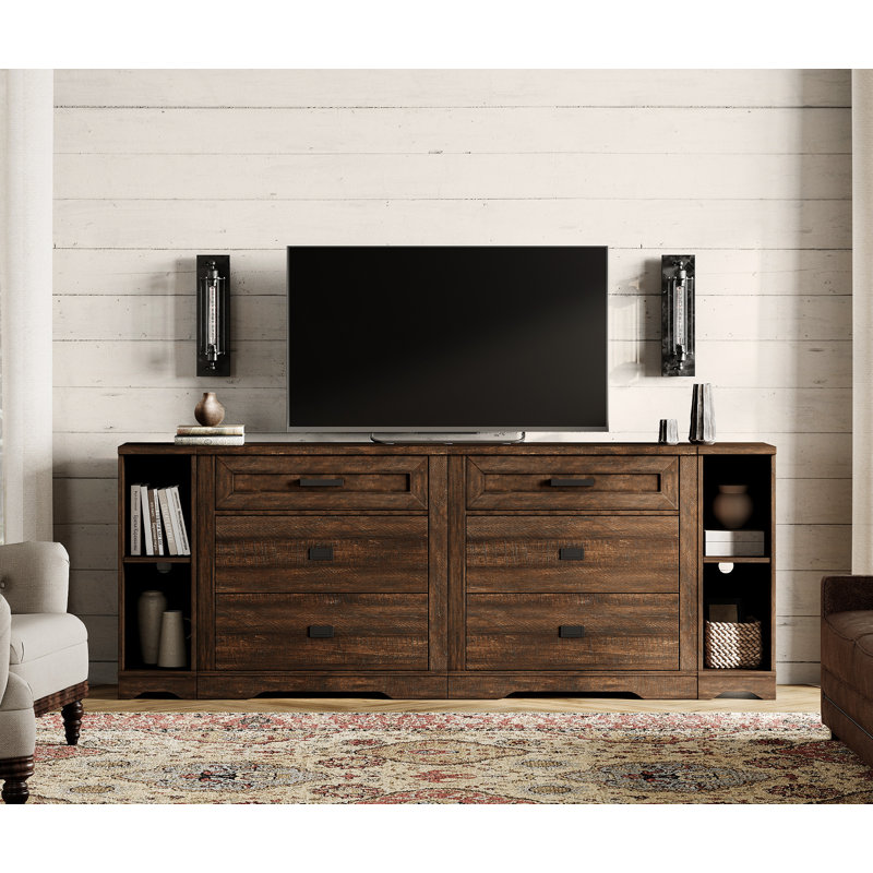 Laziza 4-In-1 Large Farmhouse Wood Entertainment Center With Drawers And Shelvs, Dark Brown Wood