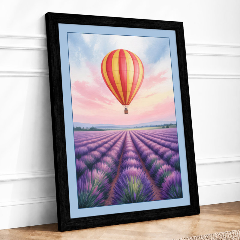 Balloon Over Lavender Boho - Framed Print, A2 - 59.4 x 42.0 cm, Black
