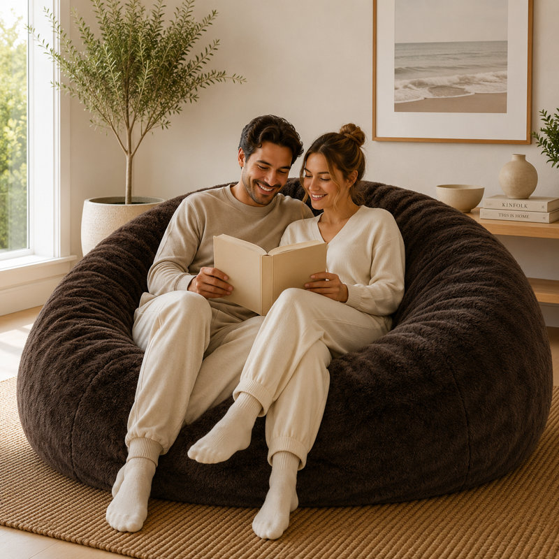  | Fauteuil à billes 6 pi | Rembourrage en mousse - Housse lavable amovible, fourrure brune, H 28 po x l 24 po x P 24 po