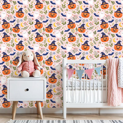Papier peint auto-adhésif fantaisiste, citrouilles mignonnes, fantômes, maisons de contes de fées, papier de contact rose, adhésif mural amovible