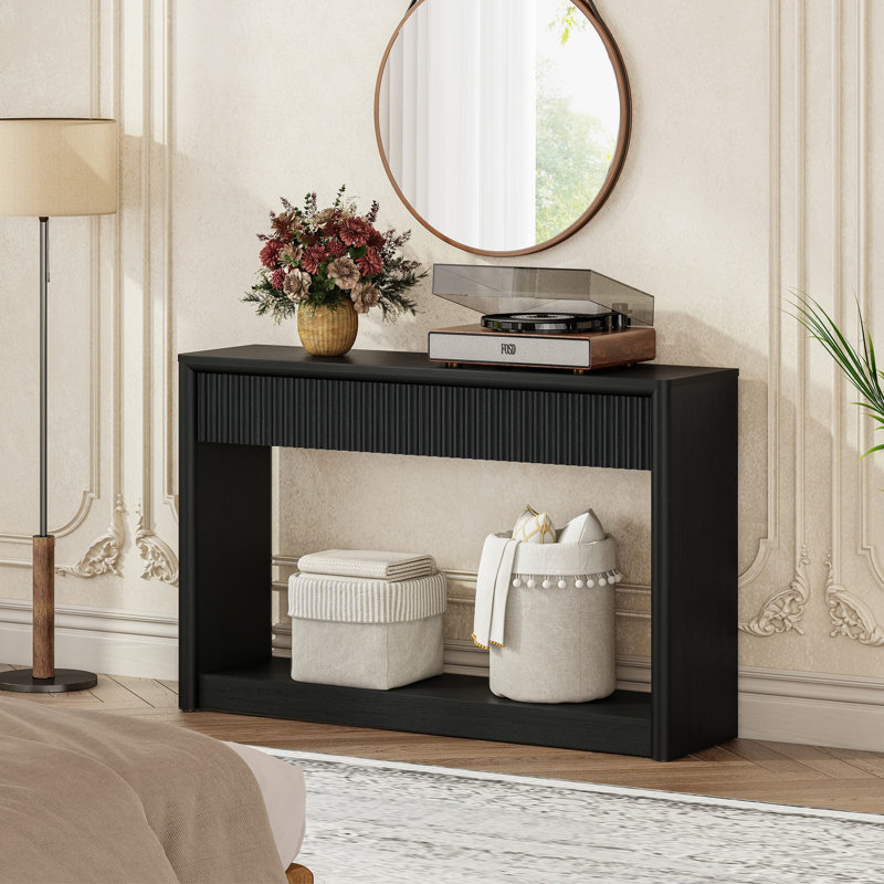 Console 47,36 "à motif de vagues avec 2 tiroirs, canapé en bois pour le salon, l'entrée et la chambre à coucher, Noir