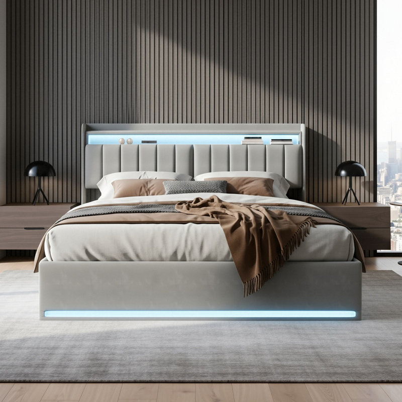 Upholstered Ottoman Bed, European Double (140 x 200cm), Grey