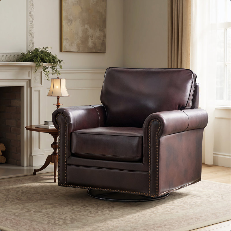 Auer Traditional Genuine Leather Swivel Rocker Chair, Espresso