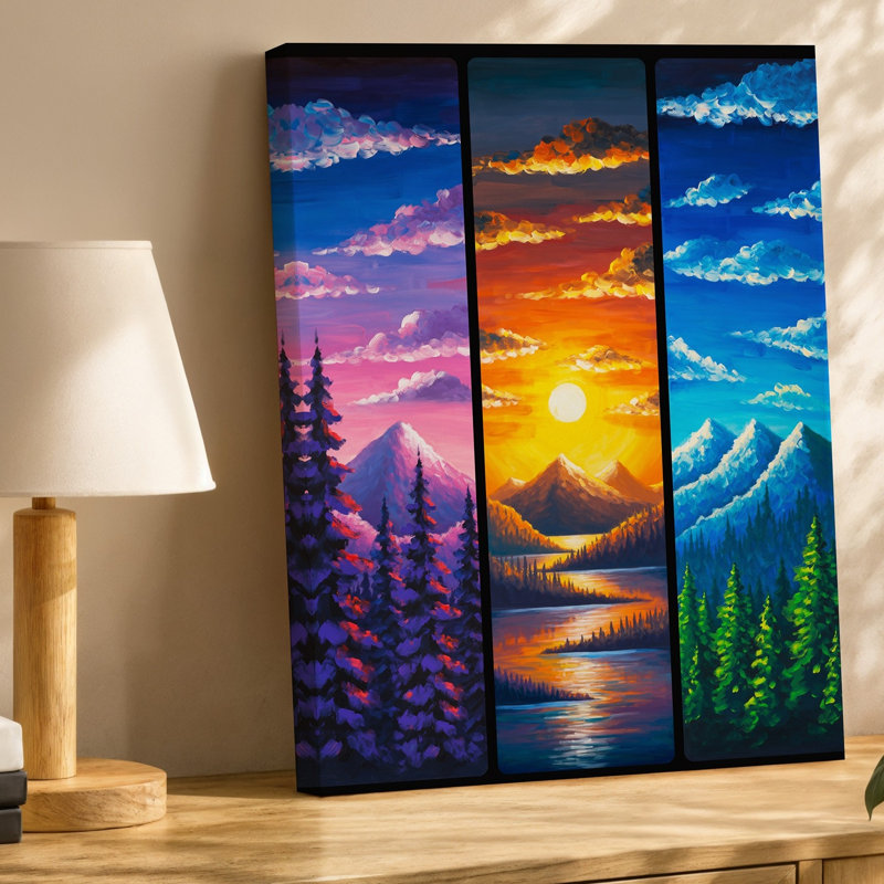 Toile, "Un magnifique paysage triptyque avec trois scènes de montagne distinctes, chaque art mural représentant un moment différent de la journée"