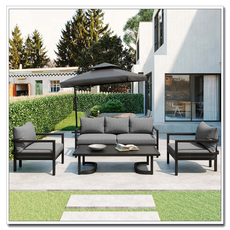Ensemble de canapé d'extérieur en acier 5 pièces avec table basse et coussins en bois, Gris