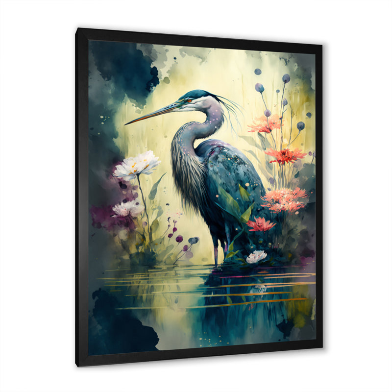 Mignon héron, art floral I - peinture sur toile, H 20 po x l 12 po x P 1 po, Impression noire sur toile encadrée