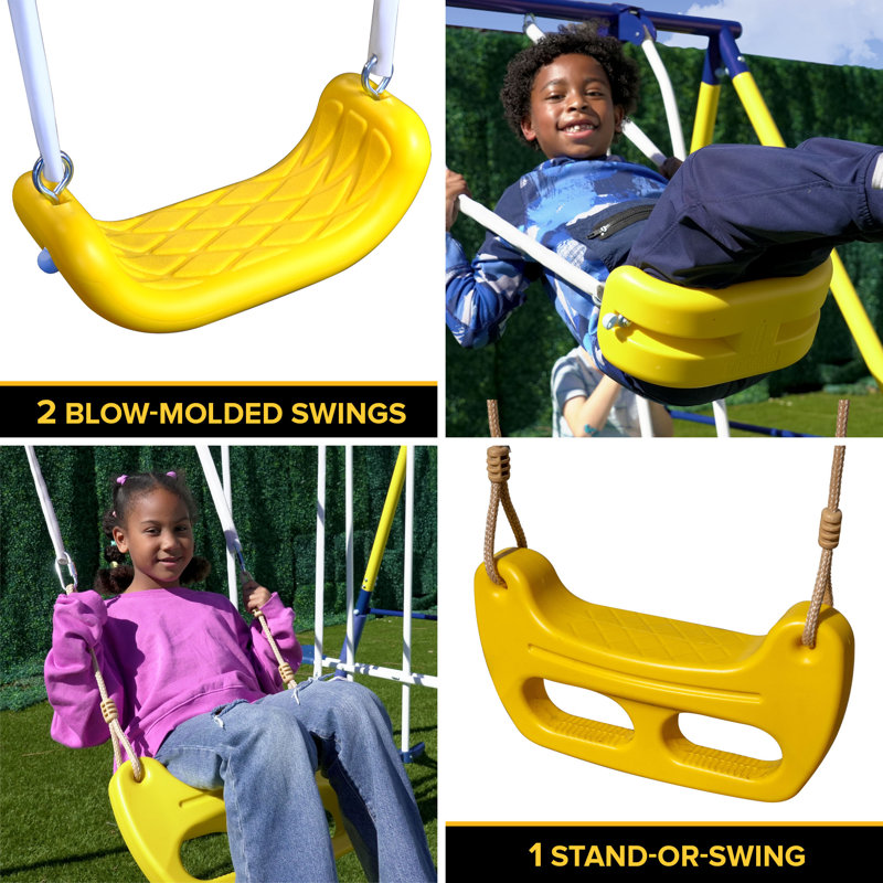 Blue and Yellow Metal Swing Set with Slide and Glider