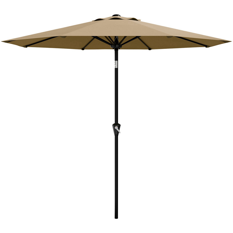 Parasol de terrasse de 9 pi avec table de marché ronde à 8 nervures avec manivelle et inclinaison à bouton-poussoir, brun clair 9 pi