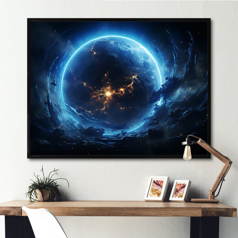 Blanc et bleu, espace cosmique II, art mural, Cadre flottant noir, H 12 po x l 20 po x P 1 po