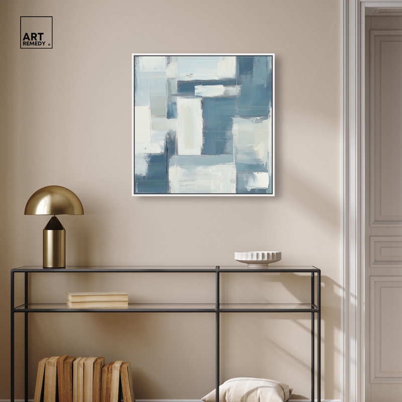 Art abstrait bleu déconstruit par III , H 25 po x l 25 po, Cadre flottant blanc