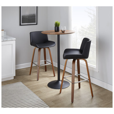 Tabouret de bar pivotant à hauteur fixe de 76 cm (30 po) de style moderne du milieu du siècle, en bois de noyer et similicuir noir, avec repose-pieds carré en métal chromé - Ensemble de 2