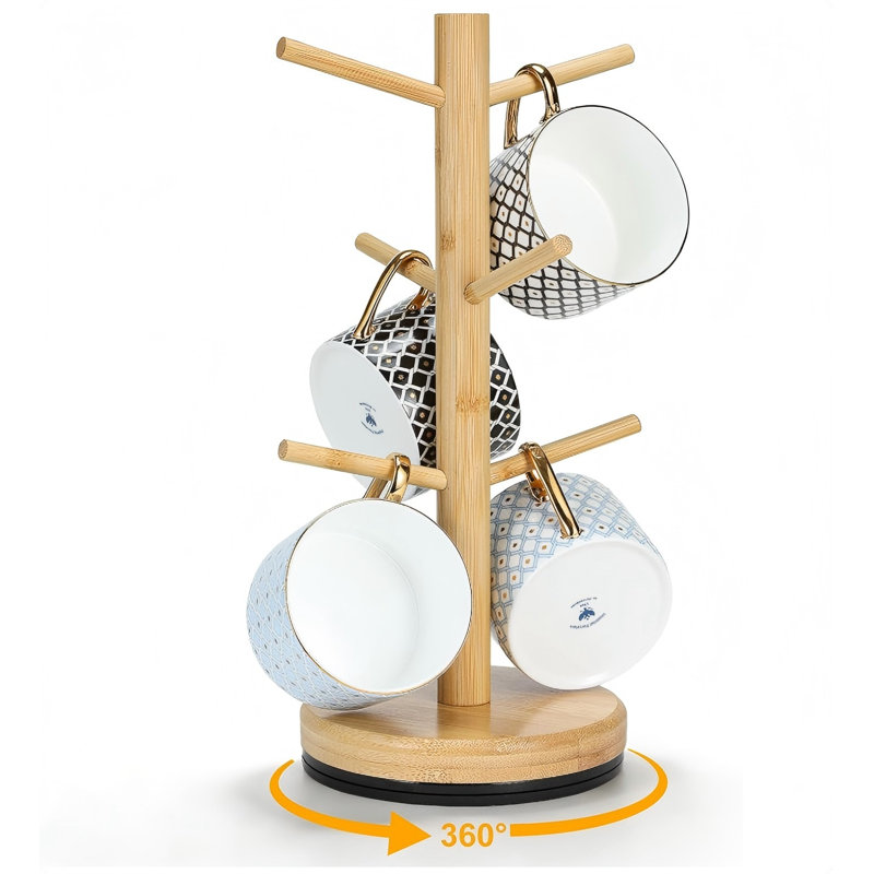 360° Rotated Mug Holder Tree With 6 Hooks, Upgraded Bamboo Mugs Holders For Counter, Non Slip Cup Stand Organizer For Coffee Bar