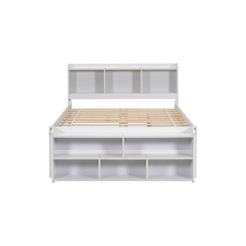 Lit double avec tête de lit bibliothèque et rangement - Tête de lit intégrée blanche sous le lit, Blanc