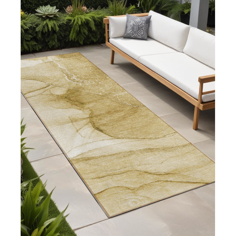 8' Runner Beige Abstract Washable Non Skid Indoor Outdoor Runner Rug