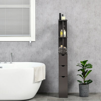 Armoire de rangement pour salle de bain de 54 po de hauteur, tour à linge autoportante avec tablette à 2 niveaux et tiroirs, rangement de plancher étroit, brun