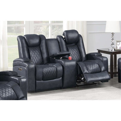 Modern Contemporary Style Power Reclining Loveseat 1Pc Adjustable Headrest Storage Sofa Cup Holder Ink Blue Finish Primary Living Room Furniture