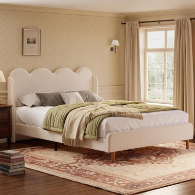 Upholstered Wingback Bed Frame with Scalloped Edges, Plush Velvet Tufted Headboard, Tool-Free Assembly