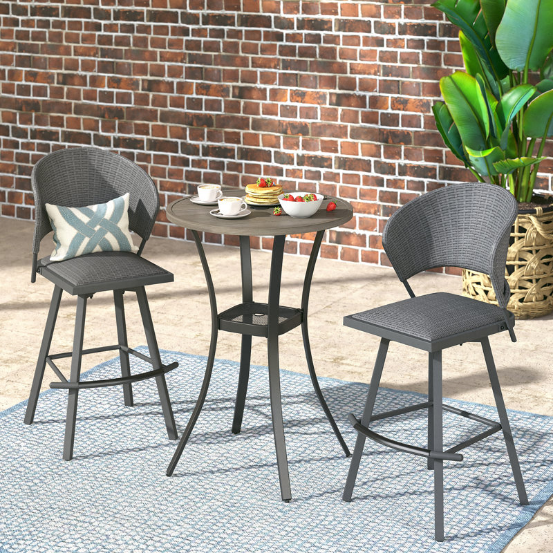 3 Pieces Patio Wicker Bar Set, Gray/Beige