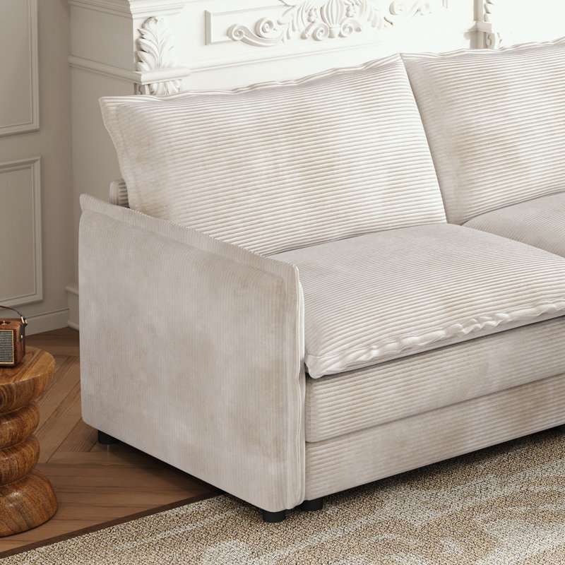 Ensemble de canapé en L 3 places avec repose-pieds mobile et 3 coussins, Velours côtelé beige