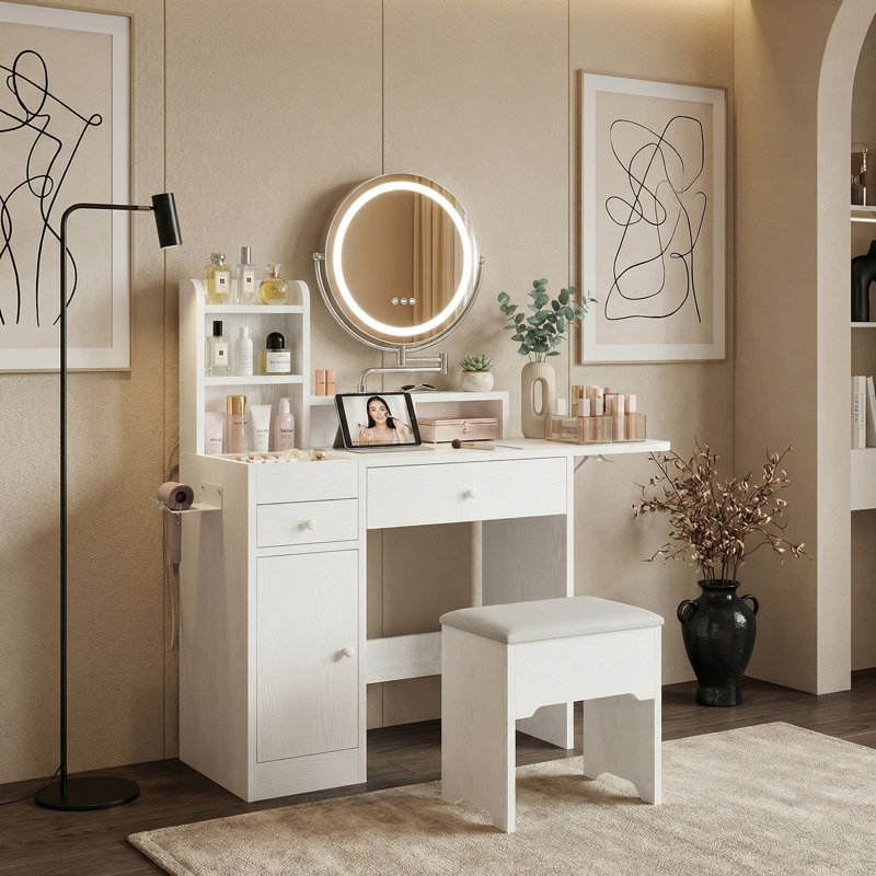 Vanity Makeup Desk With Led Lights And Rotatable Mirror, Vanity Desk With 2 Drawers, 6 Slot Compartments, Foldable Tabletop, Storage Stool, Power Outlets, Hair Dryer Holder, White