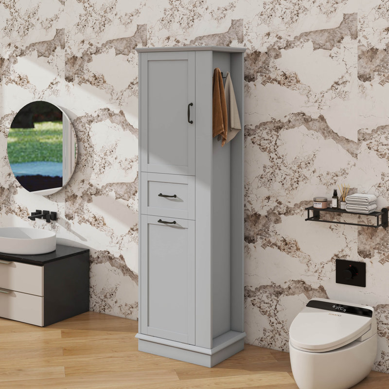 High Rising Storage Cabinet With Pull Out Compartment And Drawer Adjustable Shelves Ideal For Pantry Bathroom Storage, Gray