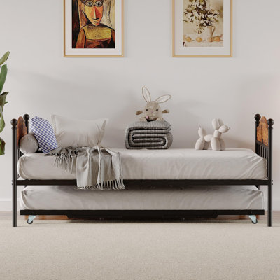 Lit de jour simple avec lit gigogne, cadre de lit simple avec lit gigogne pliable en métal robuste, canapé-lit avec tête de lit élégante pour salon, chambre et chambre d'amis, brun