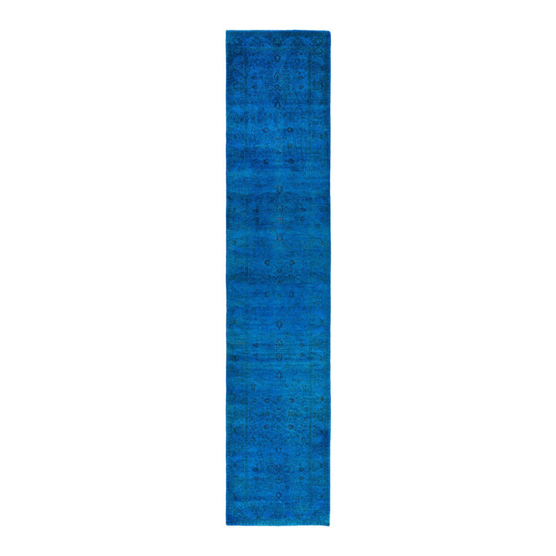 Tapis de couloir unique noué à la main Fine Vibrance - bleu, 2 pi 7 po x 12 pi 8 po