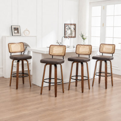 Cane Back Swivel Counter Stools With Faux Leather Seat