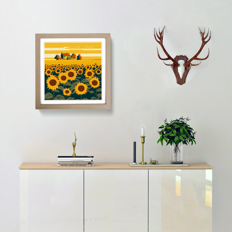Sunflower Field Mid-Century - Framed Print, Oak
