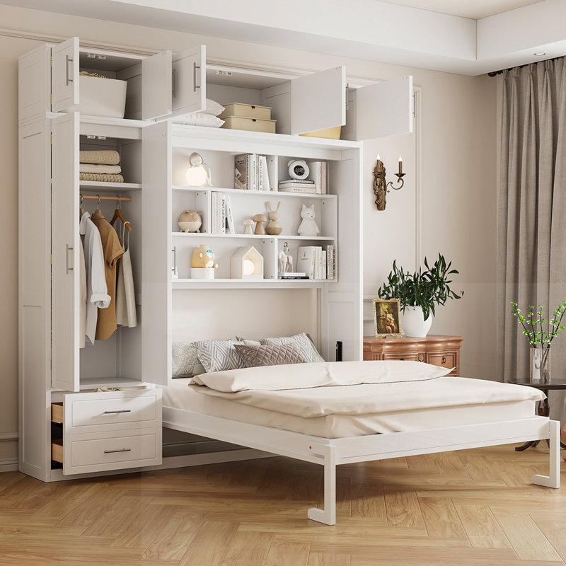 Lit escamotable mural peu encombrant avec rangement intégré, armoire supérieure, tablettes et garde-robe pour une vie compacte