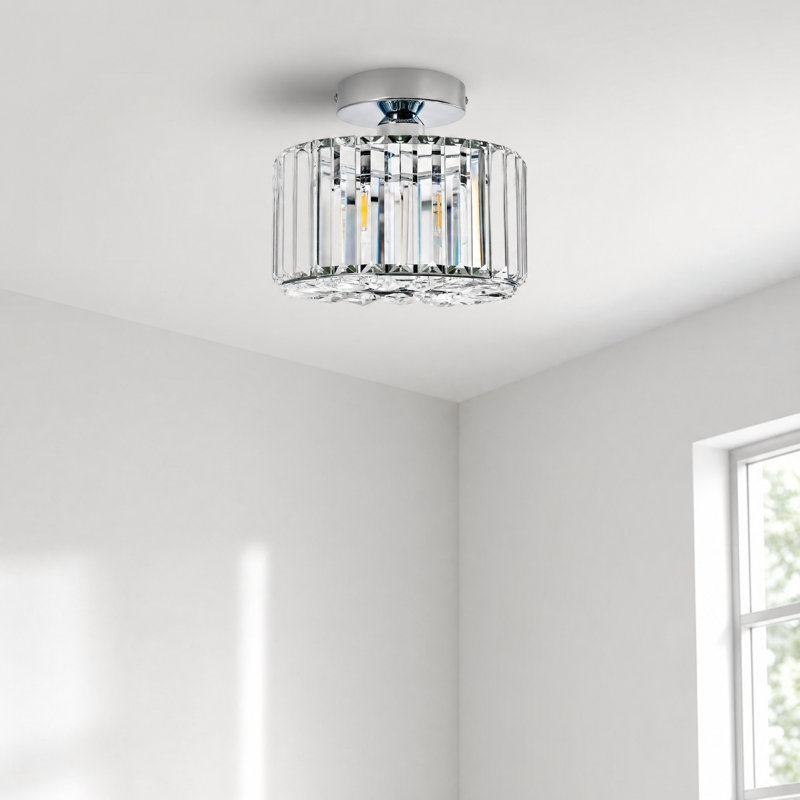 1 - Light Dimmable Crystal Drum Semi Flush Mount in Nickel, Brushed Nickel,  1 Light