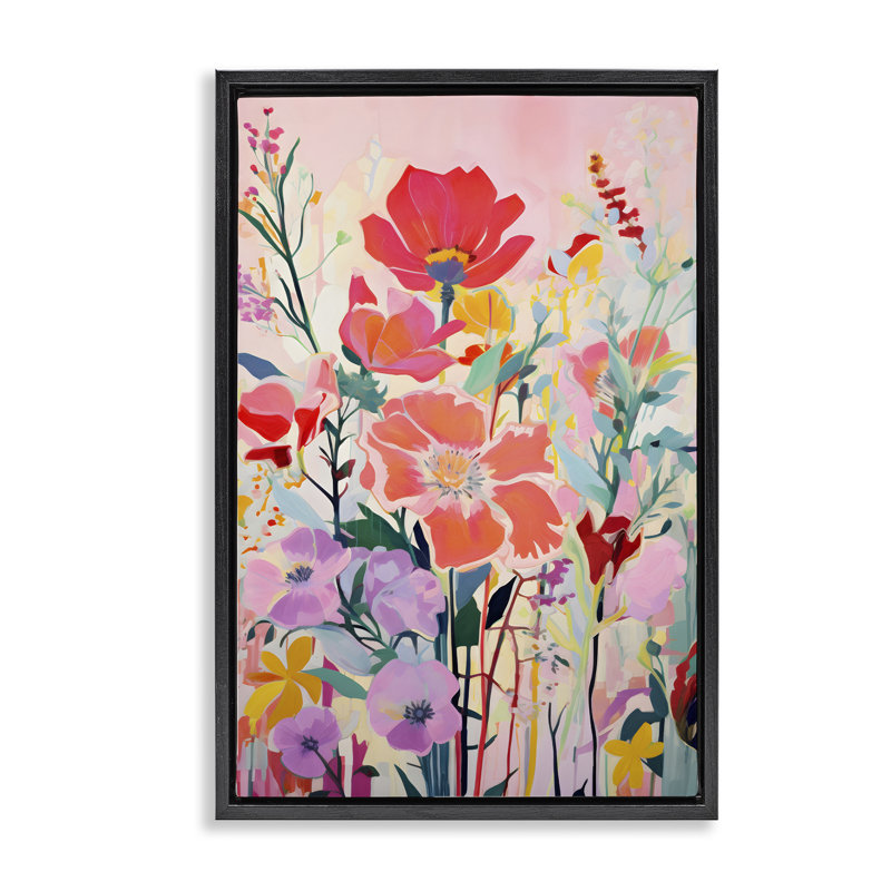  Fleurs abstraites sur toile flottante encadrée rose par LSR Design Studio, Cadre flottant noir de jais, H 25 po x l 17 po
