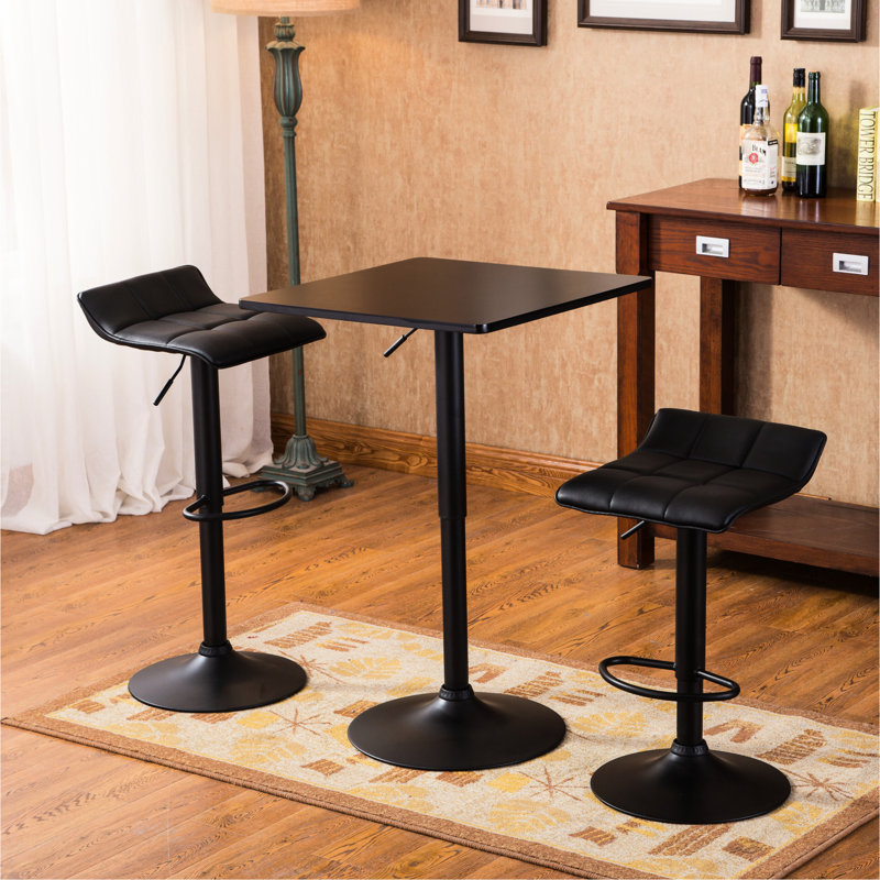 Dining Area Adjustable Height Bar Table With Black Square Top And 2 Swivel Leather Rotating Stool Units For Office