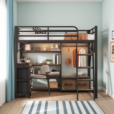 Loft Bed With Desk And LED, Metal Loft Bed With Storage Shelves, Wardrobe And Storage Drawers