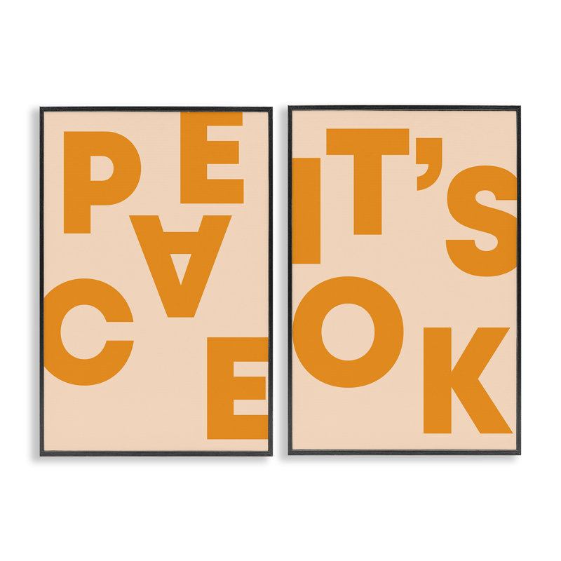 Peace It's Ok Orange  2 PC Giclee Art Set by Incado, Midnight Black Framed Giclee, 24" H x 16" W
