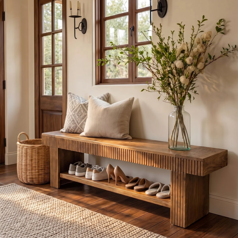 71 Inch Fluted Solid Wood Entryway Bench