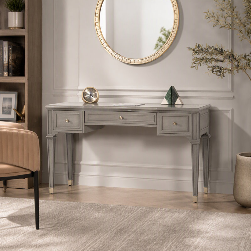 Bureau de direction à 3 tiroirs en bois d'hévéa et placage gris Cachemire Dauphin