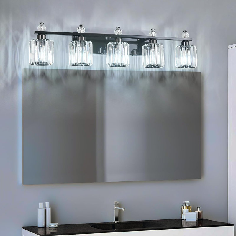 Modern Crystal Bathroom Vanity Light Fixture With 5-Light Design, And Clear K9 Crystal Shades For Over Mirror Installation