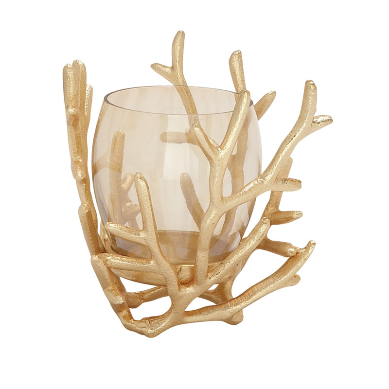 Aluminum Metal Pillar Hurricane Lamp with Coral Design, Gold