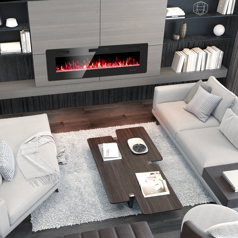 Foyer électrique ultra-mince, radiateur encastré mural et encastré avec télécommande, 5100 BTU, modes flamme et cristal en 12 couleurs, minuterie, mode veille
