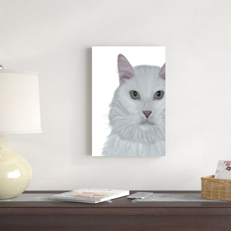 Chat, portrait blanc sur fond blanc, H 18 po x l 12 po x P 1 po