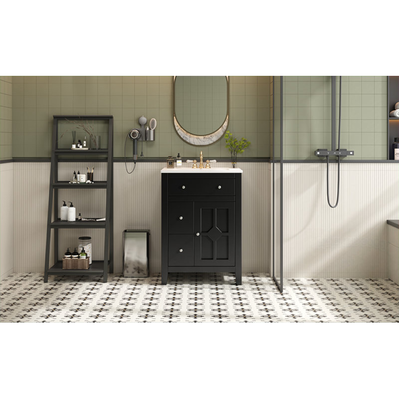Meuble-lavabo de salle de bain avec lavabo, 2 tiroirs et porte à fermeture douce, Noir
