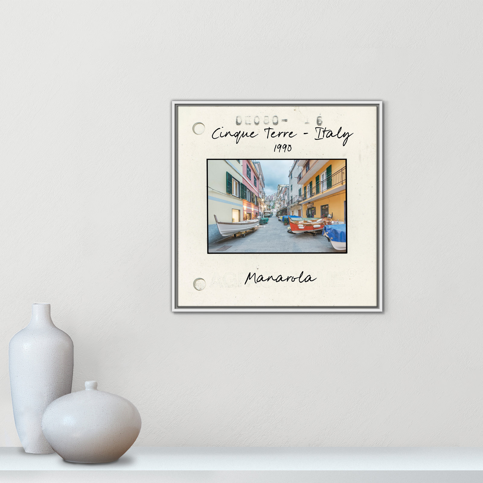 Travel Slide Collection "Cinque Terre - Manarola" Print, 25.5" H x 25.5" W x 2" D, White Floater Framed Canvas