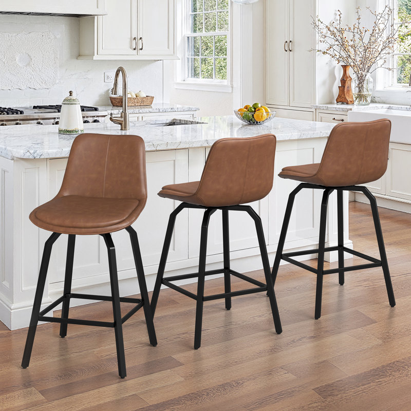 Yannis 26''H Faux Leather Swivel Barstools, Brown, 3