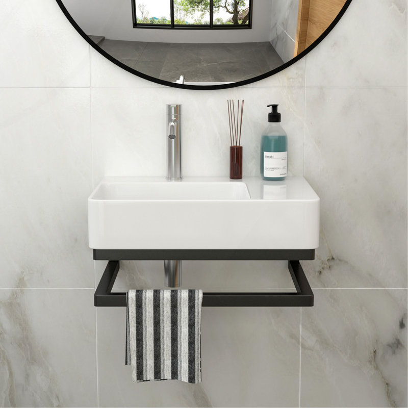 23.25"x15.75" Wall-Mounted Rectangular Ceramic Bathroom Sink with Black Towel Bar & faucet hole
