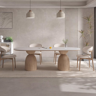 Cream Solid Wood & Stone Slab Oval Dining Table Rectangular with Solid Wood Base Dining Table