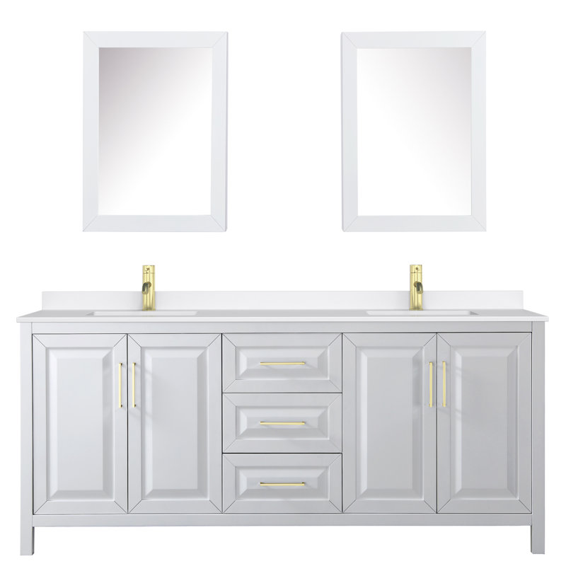 Daria 80 in. with Mirror Vanity, White Quartz, White, Brushed Gold