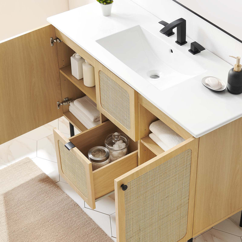 Modway Chaucer 48'' Single Bathroom Vanity with Wood Top, White, Oak/Black