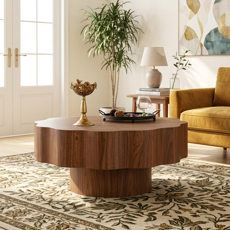 Table basse à rebords festonnés 31,5 po avec finition grain de bois de noyer et assemblage facile