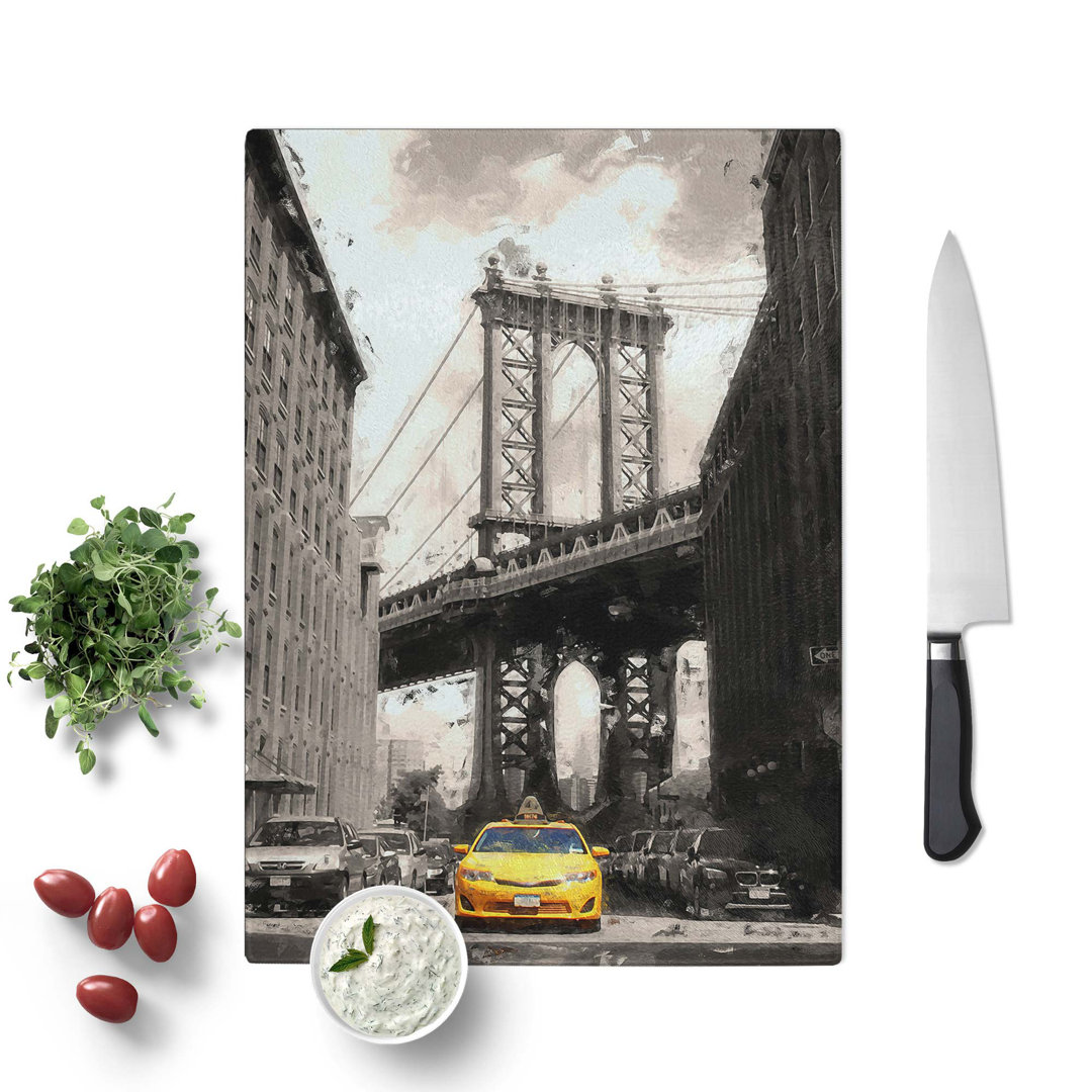 Tempered Glass Yellow Taxi Cab in New York City in Abstract Cutting Board